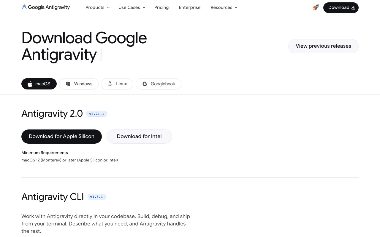 Antigravity 官網 macOS 下載頁