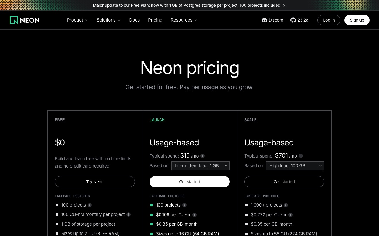 Neon 價格頁