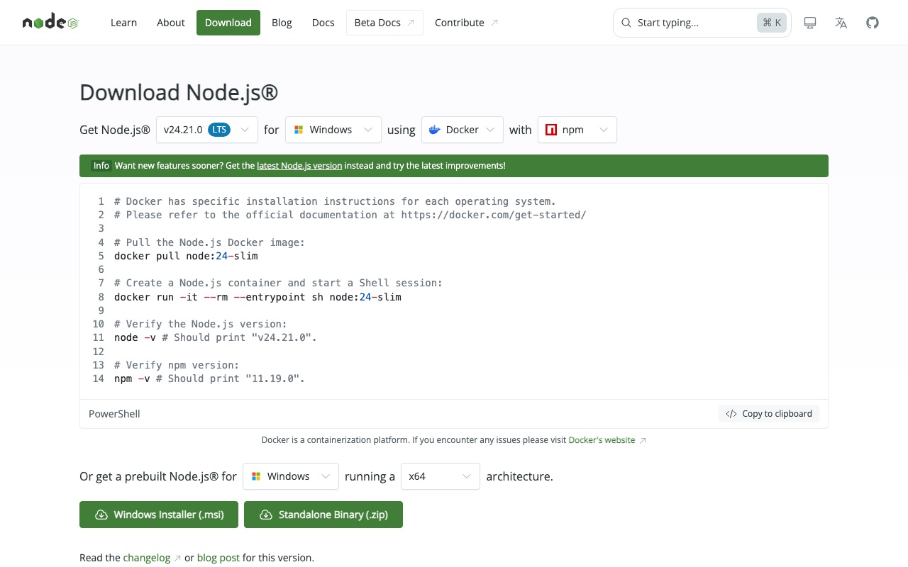 Node.js 官網 Windows 下載頁