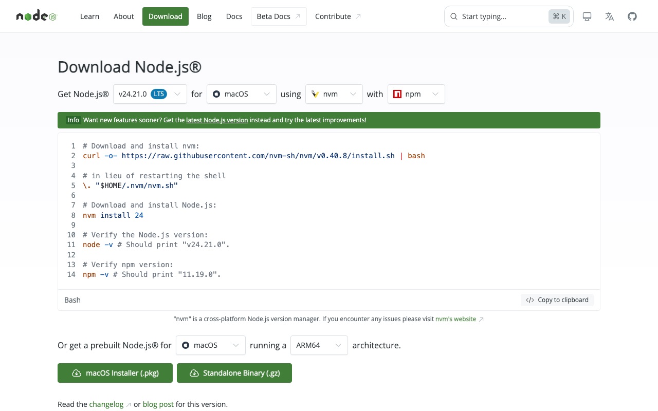 Node.js 官網 macOS 下載頁