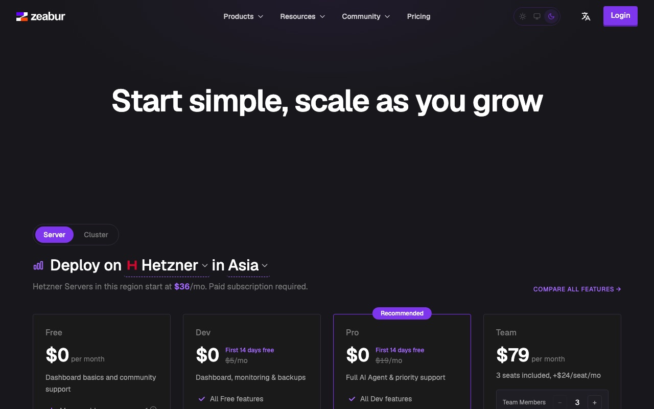Zeabur 方案價格頁